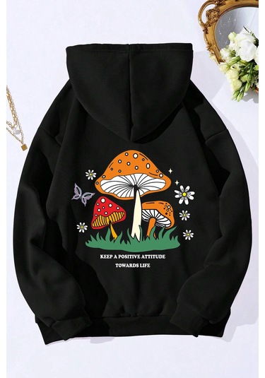 Unisex Mantar Baskılı Oversize Sweatshirt Siyah