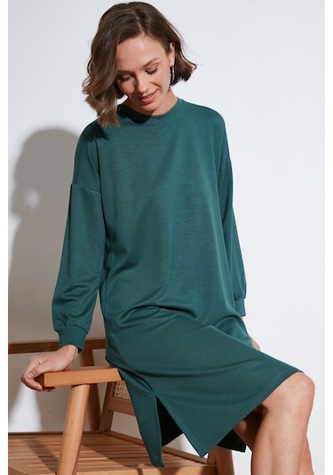 Lela Modest Oysho Kumaş Relaxed Fit Yırtmaçlı Bayan Tunik 5865878 Nefti