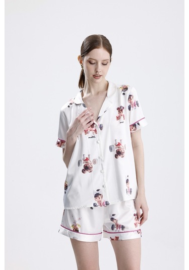 Laperissa Kadın Kısa Kol Şortlu Pijama Takımı Kız Bebek Desenli Yazlık Rahat Ev Giyim Beyaz
