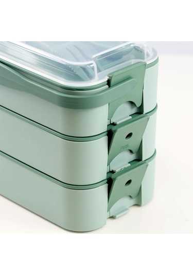 İronika 1260 Ml 3 Katlı Kapaklı Çatal Bıçaklı Beslenme Kutusu Lunch Box Beslenme Kabı - Yeşil Yeşil