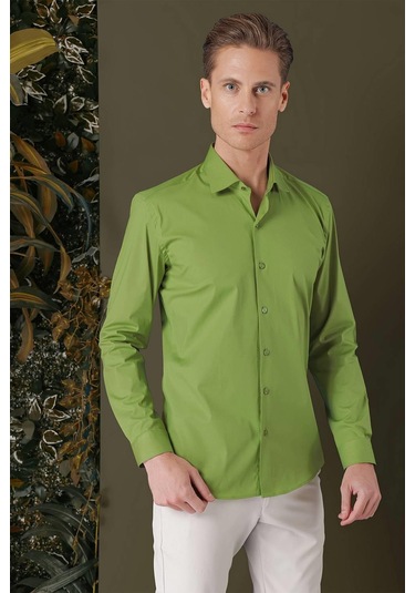 Gk 709 Slim Fit Yeşil Klasik Gömlek Yeşil