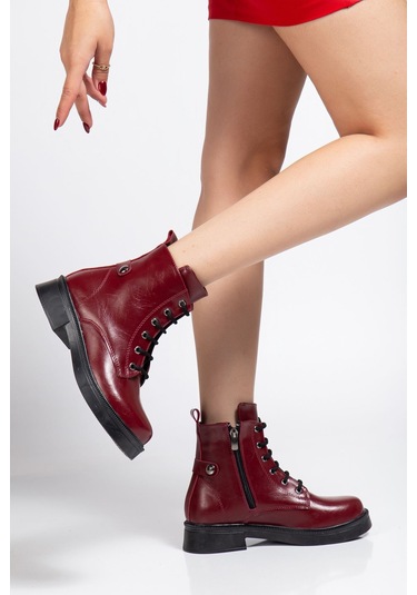 02-2003 Bordo Kırışık Rugan Bağcıklı Fermuarlı Günlük Kadın Bot Bordo