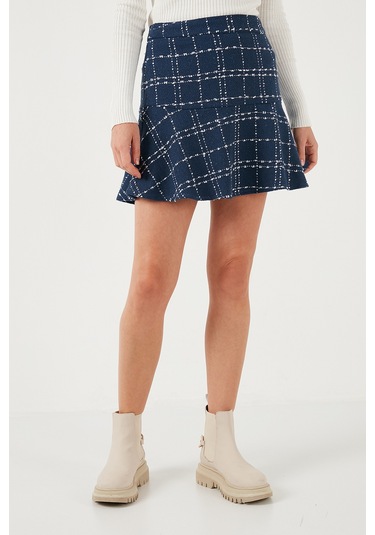 Lela Kareli Volanlı Mini Kışlık Bayan Etek 611Et00176W4 Indigo