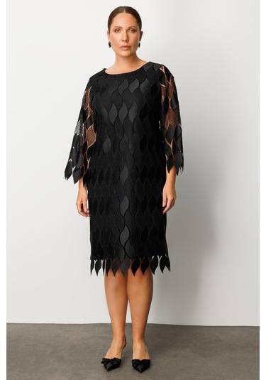 Moda İlgi Kadın Büyük Beden Ön Kısım Güpür Dantelli Elbise 0006 Siyah Siyah