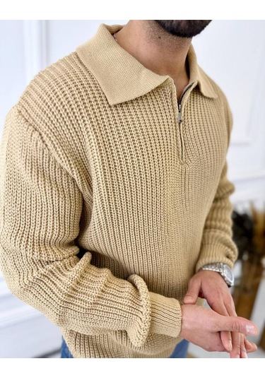 Kazak Oversize Tüylenmez Naturel Pamuk Fermuarlı Polo Yaka Örme Triko Kazak Kahverengi