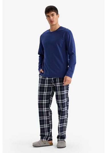 Defacto Pijama Takımı Regular Fit Uzun Kollu Üst Kareli Uzun Alt F5214ax25wnnv131 Lacivert-nv131