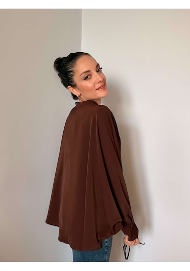 Ali Butik Kahve Yarasa Kol V Yaka Tasarım Gömlek Kahve