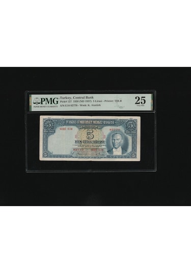 5 Tl Beş Türk Lirası 1937 P 127 Pmg 25 Çt S/n E18 82770/ 2. Ems 1.tertip