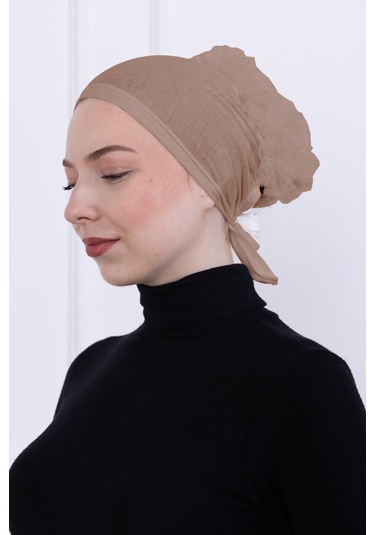 Fırfırlı Önden Dikişli Penye Bone - Kadın Tesettür Bağlamalı Topuz İç Bone-vizon Vizon