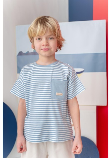Erkek Çocuk Çizgili Çepli T-shirt - Mavi Çizgili Mavi