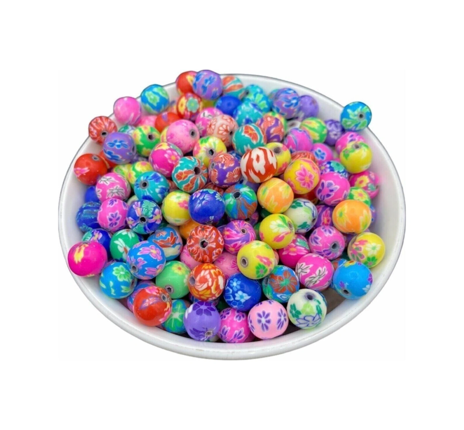 10mm Karışık Çiçek Desenli Yuvarlak Top Model Polimer Kil Fimo Boncuk 25 Adet