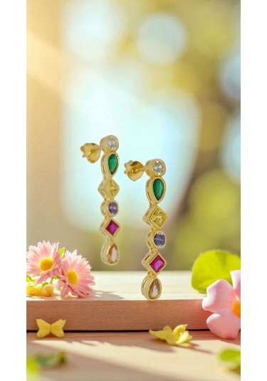 925 Ayar Gökkuşağı Renkli Taşlı Gümüş Küpe Zarif Ve Renkli Tasarım Gümüş