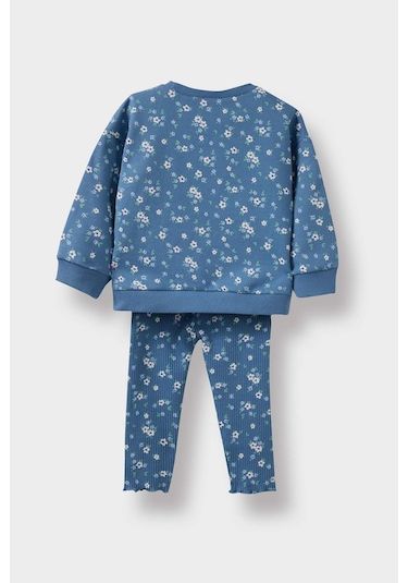 Defacto Kız Bebek 2li Takım Çiçek Desenli Sweatshirt Tayt F0532a525wnbe88 Mavi