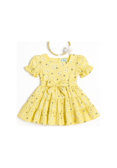 Saç Aksesuarlı Çiçekli Kız Çocuk Elbise Sarı