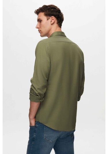Ds Damat Slim Fit Haki Oxford Düğmeli Yaka Kolay Ütülenebilir Nakış Detaylı Pamuklu Gömlek 4HC02ORT03265 Haki