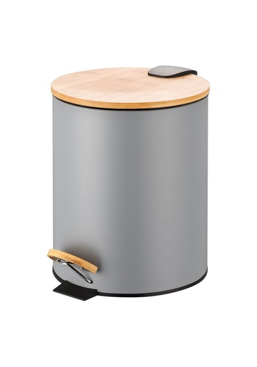 Bambu Kapaklı Pedallı Metal Çöp Kovası - 5 Lt. - Gri Gri