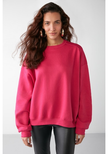 VANELTINA  Kadın Bisiklet Yaka İçi Polarlı Oversize Fit Basic Pembe Sweatshirt