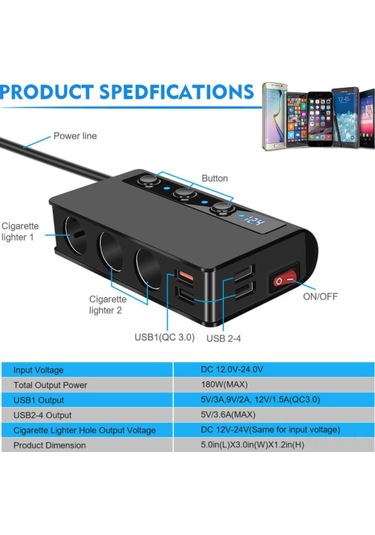 Ranyeek 180w Araç Şarj Cihazı - 4 Usb Qc3.0 Dahil 12-24v Led Voltmetre Ve Sigara Ateşleyici Fonksiyonu Siyah Lacivert - Turuncu