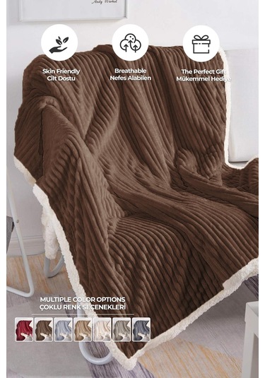 Sherpa Battaniye Çift Kişilik Çizgili Yumuşak Peluş Wellsoft Yatak Örtüsü Koyu Kahverengi