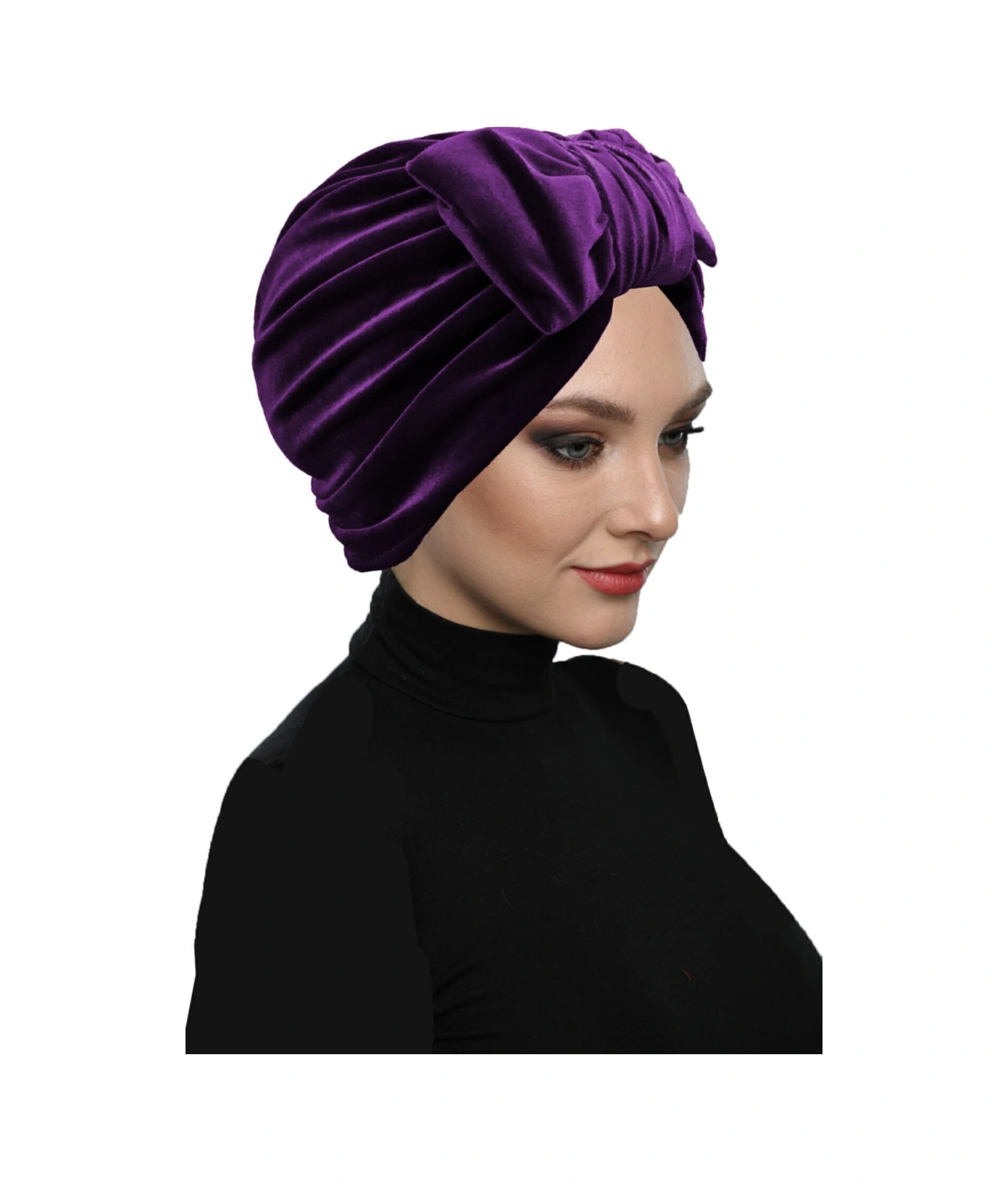 Kadife Fiyonklu Astarlı Mor Hazır Türban Tesettür Bone Mor