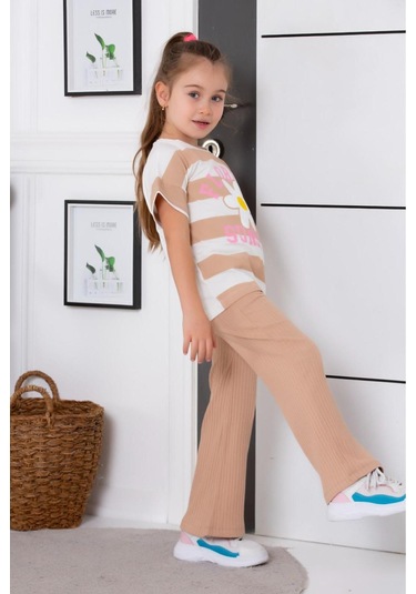Oversize İspanyol Paça Kız Çocuk Takım Bej