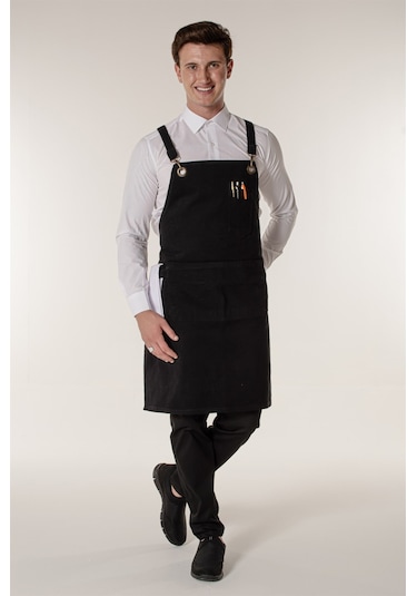 Siyah Kanvas Barista Cafe Restoran Askılı Önlük - Siyah