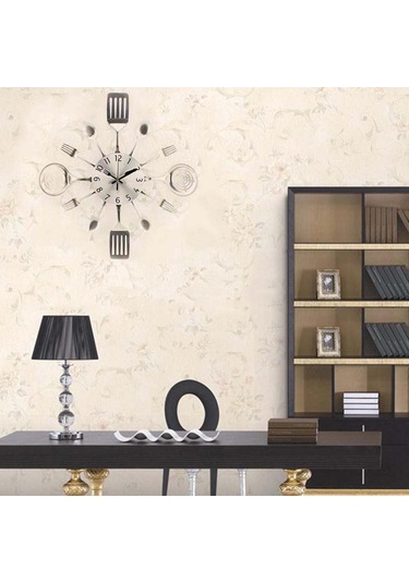 Homyl 3d Duvar Saati Mutfak Paslanmaz Çelik Çatal Bıçak Simli Simli
