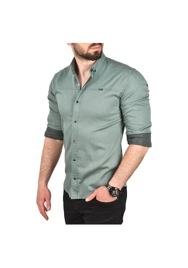 Deepsea Erkek Yeşil Slim Fit Pamuklu Kot Gömlek Kolay Ütülenebilir Çıt Çıtlı Likralı Spor Gömlek 2502504 Yeşil