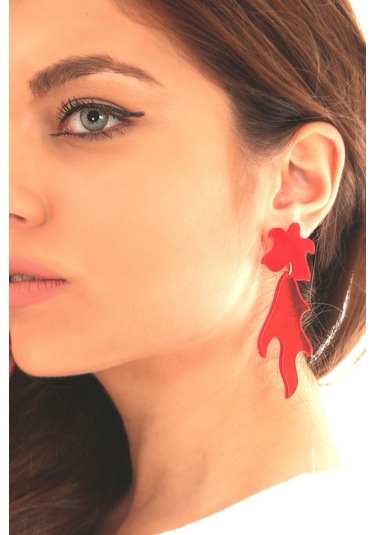 Kadın Kırmızı Pleksi Tasarım Alev Küpe Kırmızı