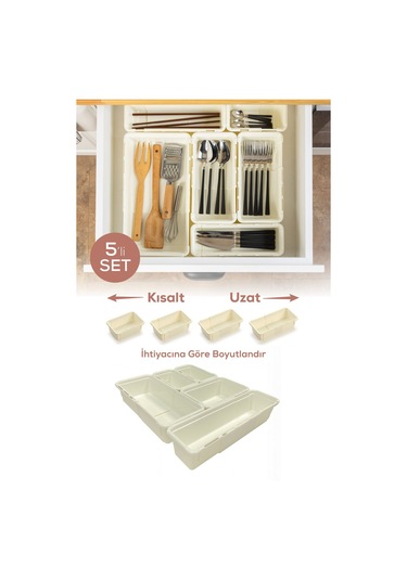 5'li Set Ayarlanabilir Çekmece Içi Düzenleyici Kutu Uzayıp Kısalabilen Organizer Seti 2a2b1c Krem