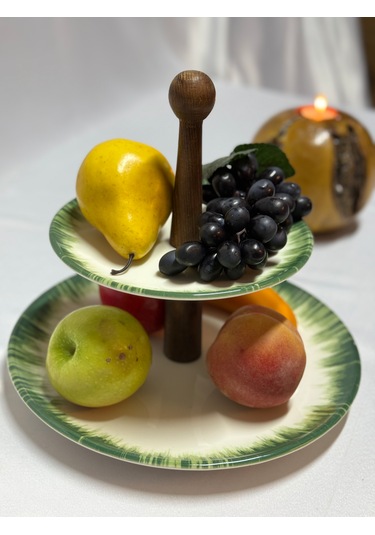 Aless 2 Katlı Yeşil Detaylı Yuvarlak Ahşap Kulplu Seramik Sunumlu