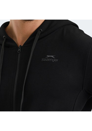 Slazenger VENDA Erkek Fermuarlı Kapüşonlu Cepli Siyah Sweatshirt