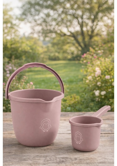 Çocuklar İçin 2'li Banyo Seti Kulplu Kova & Oluklu Maşrapa Set Pembe
