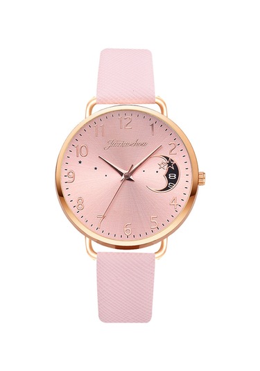 Yeni Bayanlara Özel Kuvars Saat Seti Pu Kayışlı Ay Desenli Kadranlı Takvimli Pembe Diğer