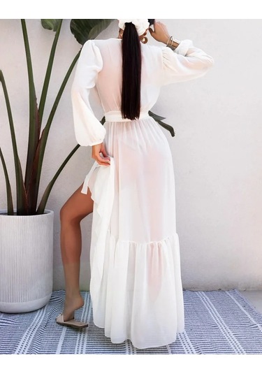 Kadınlar İçin Dantelli Bikini Örtüleri Maxi Elbiseler Katı Uzun Kollu Plaj Elbisesi Siyah