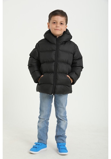 Freemen Erkek Çocuk Siyah Polarlı Kürklü Kapüşonlu Su Geçirmez Rüzgara Dayanıklı Şişme Kışlık Mont Siyah