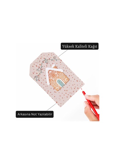 Yılbaşı Ev Temalı Hediye Etiketi, Yeniyıl, Noel Delikli Paketleme Kartı, 50 Adet-4.8x7.5 Cm, Krem