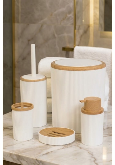 Makri Home Banyo Seti 5'li, Beyaz, Ahşap Desenli, Yuvarlak