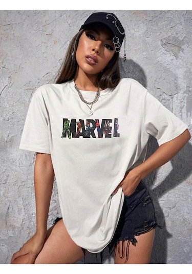 Marvel Baskılı Oversize Beyaz T-shirt BEYAZ