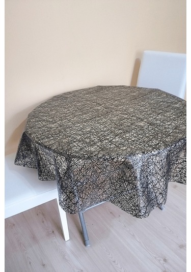 Üstü Şeffaf Muşamba Kaplama Dantel Görünüm Yuvarlak Masa Örtüsü -137 Cm Çap -siyah Renk-hsr Siyah