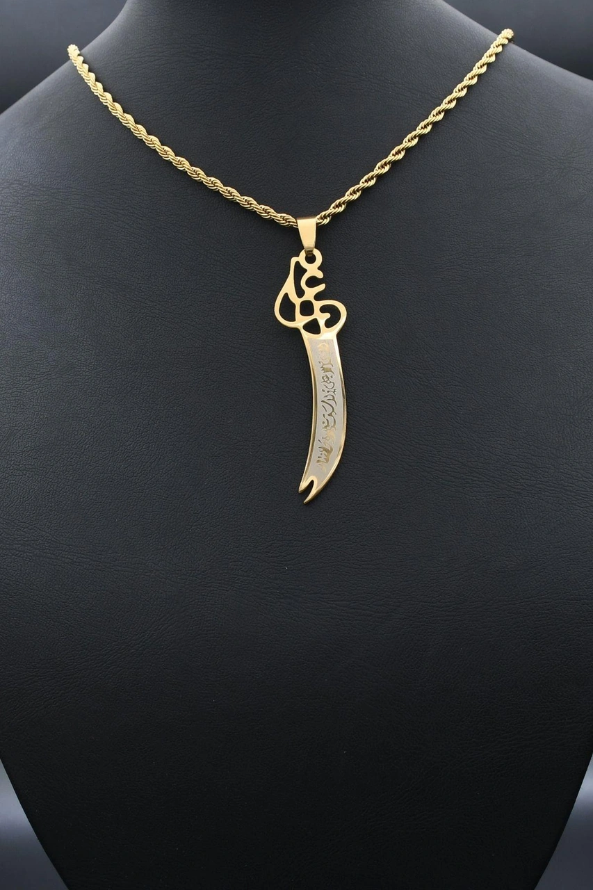 La Feta İlla Ali La Seyfe İlla Zülfikar Yazlı Kolye Paslanmaz Çelik Zincir Altın Kaplama 3mm 902307 Altın