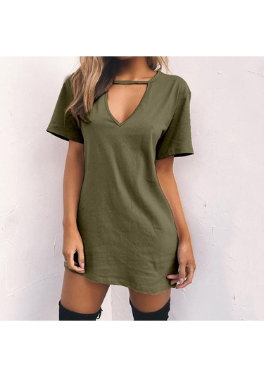 Yeşil Moda Kadın Rahat Kısa Kollu V Yaka Katı Bayanlar Mini Elbise Oymak