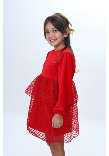 Toontoy Kız Çocuk Kadife Kat Kat Fırfır Detaylı Elbise Kırmızı