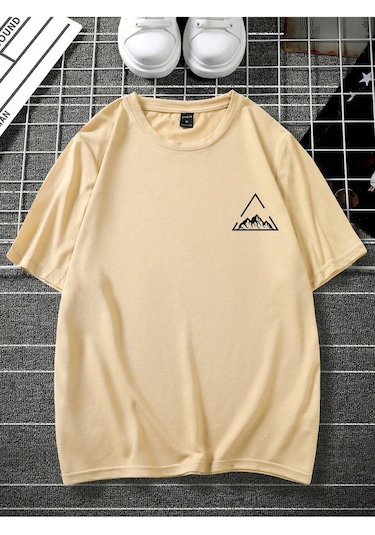 Üçgen Dağ T-shirt - Sarı Baskılı Oversize Bisiklet Yaka Kısa Kol Tişört Sarı