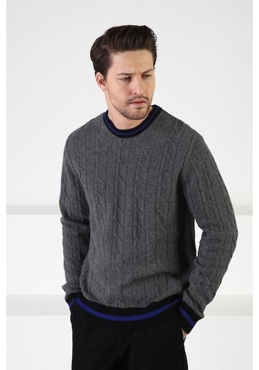 Ferraro Füme/Siyah Bisiklet Yaka %100 Kuzu Yünü Erkek Kazak Füme Siyah Füme - Siyah