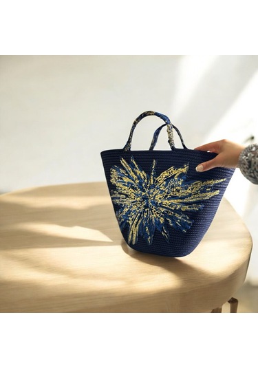 Hasır Çanta, Plaj Çantası, Tasarım Çanta, Lacivert Desenli El Çantası Lacivert