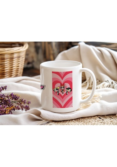 Powerpuff Girls Kalpli Pembe Desenli Kupa Bardak - Kız Gücü Temalı Hediye - 3lü Grup Beyaz