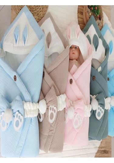 Yenidoğan 4 Kat Müslin Kumaş Kulaklı Patili Fiyonk Bebek Battaniyesi Kundak Pembe Çok Renkli