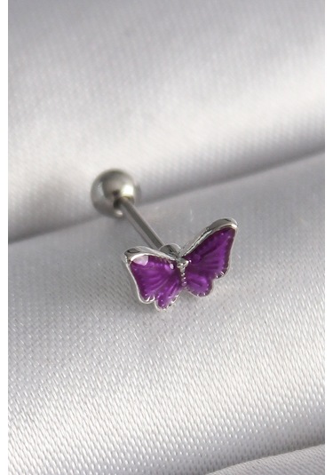 Evyora 316l Çelik Gümüş Renk Mor Kelebek Model Tragus Piercing Gümüş