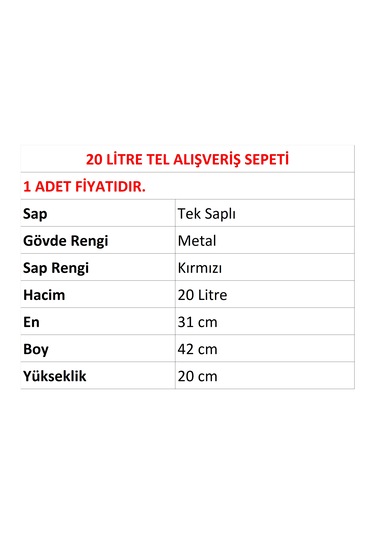 20 Litre Tel Alışveriş El Sepeti 1 Adet / En:31 Boy:42 Yükseklik:20 Cm Metal